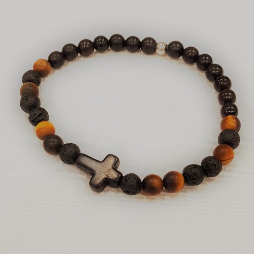 Le bracelet est porté avec de l’œil de tigre jaune, de la pierre de lave et du bois de Santal foncé 2